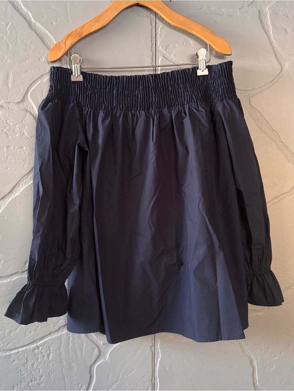 Soprano Navy Off Shoulder Cotton Blouse Small Smocked Bow Sleeve Top